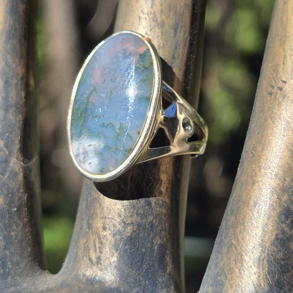 HOST PICK! 🎉🎊 Moss Agate & Topaz Natural Gemstone Sterling Ring Sz8 - Picture 5 of 11